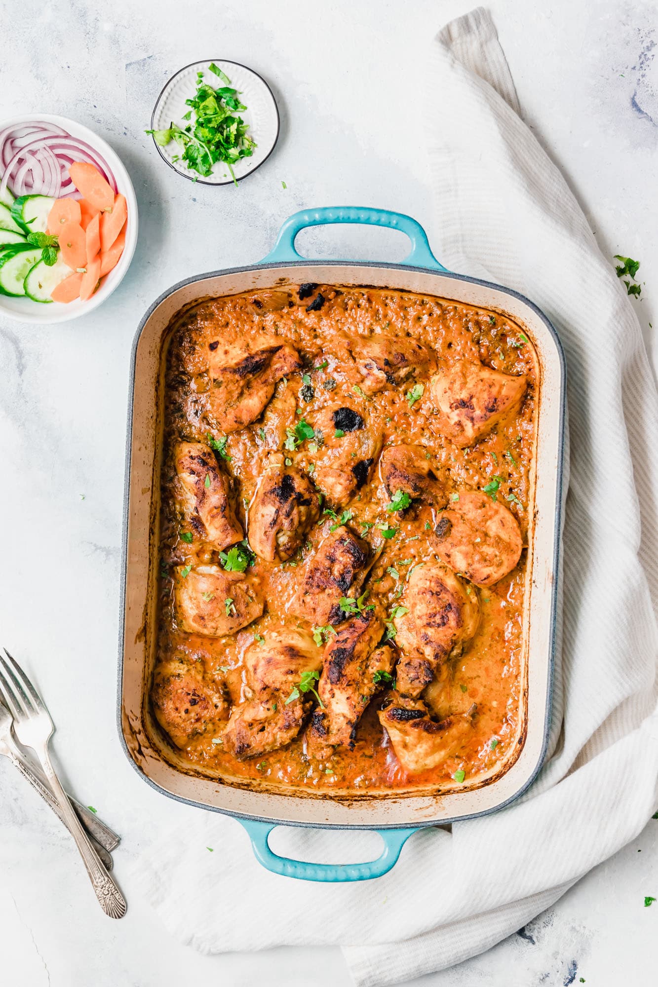 A pan of Baked Tandoori Chicken Curry.