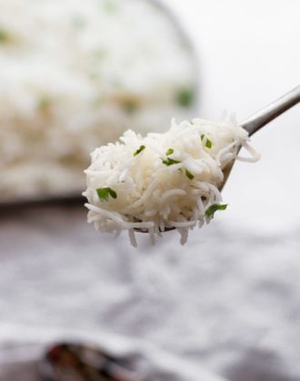 Perfectly cooked basmati rice on a spoon