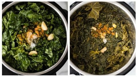 Instant Pot filled with mustard greens and spinach, garlic, green chili pepper and turmeric ready to be cooked to make Sarson Ka Saag and cooked Sarson Ka Saag in an Instant Pot