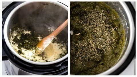 Sauteing corn flour to make Instant Pot Sarson Ka Saag and adding dried fenugreek leaves (methi) to the Instant Pot for Sarson Ka Saag