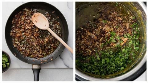 Tadka or browned onions and minced ginger in a medium skillet ready to be mixed in with Sarson Ka Saag and tadka added to instant pot Sarson Ka Saag along with chopped cilantro