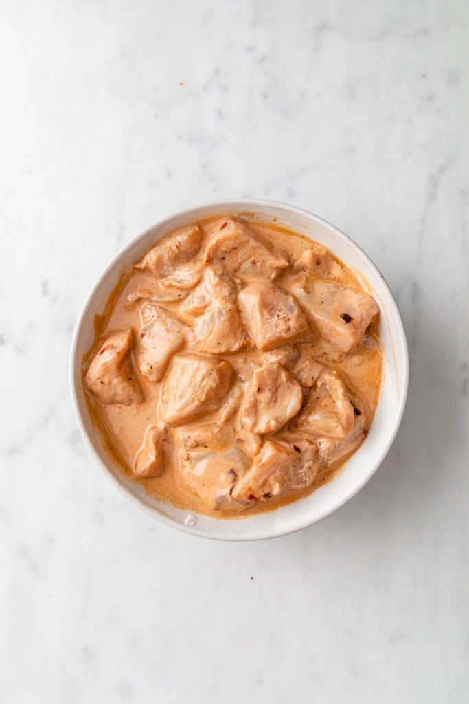 Marinated chicken cubes in yogurt and spices