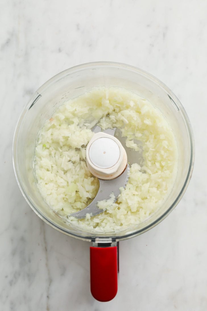 Finely chopped onions in a food processor