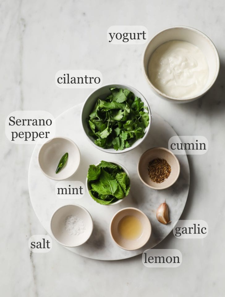 Ingredients for Mint Raita including yogurt, cilantro, green chili pepper, mint, salt, lemon, garlic, and cumin.