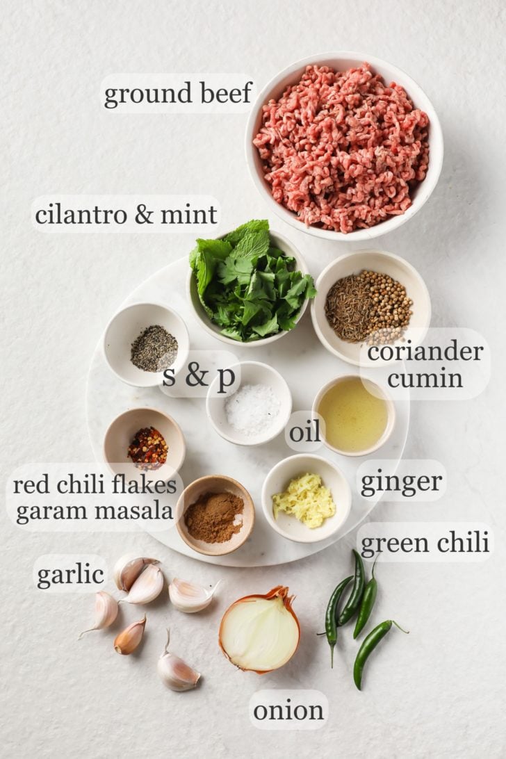 Ingredients for Seekh Kebab on a white surface