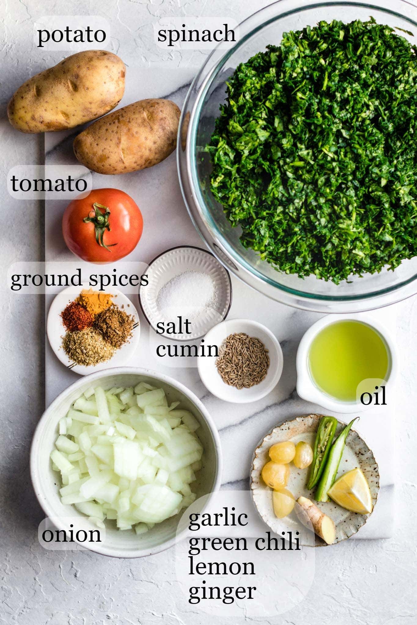 Ingredients in Spinach and Potato Curry (Aloo Palak)