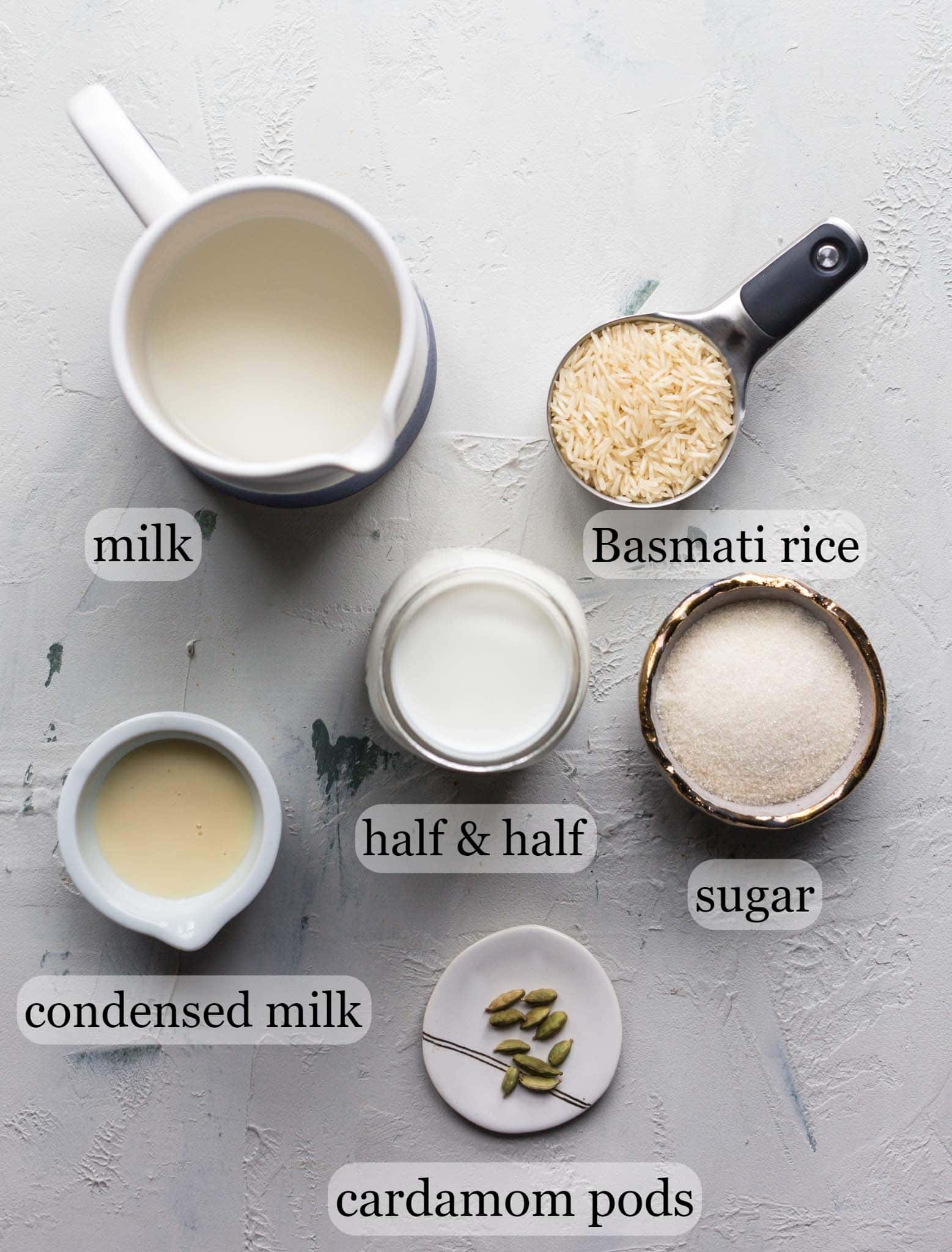 Instant Pot Kheer Recipe Ingredients - condensed milk, milk, half and half, rice, sugar, and green cardamom