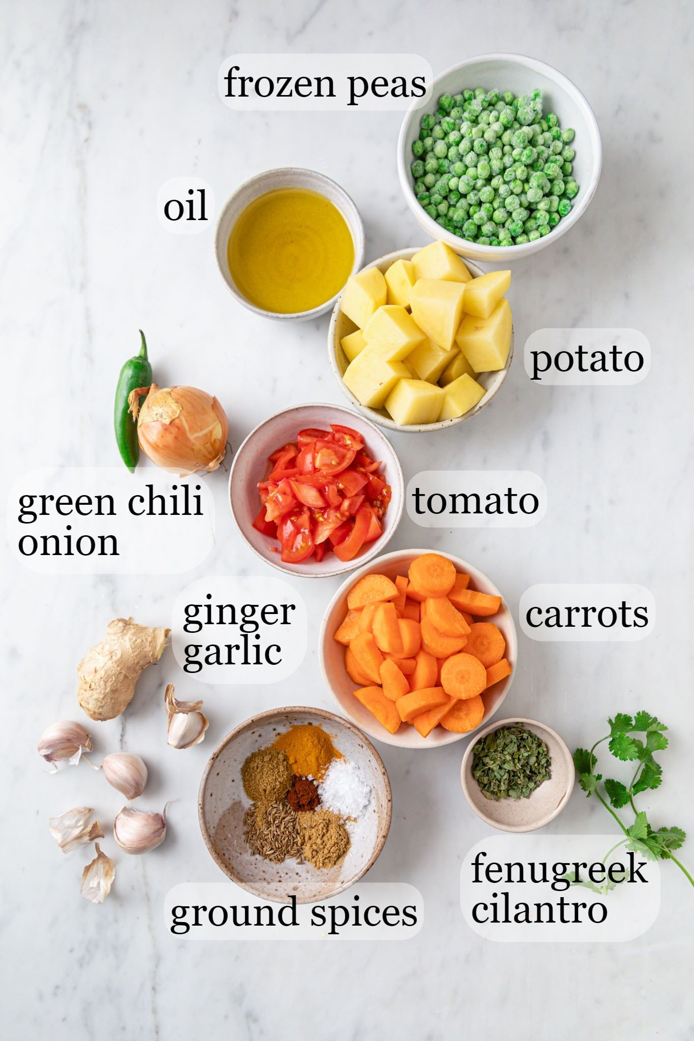 Ingredients for making Mixed Vegetable Curry on a marbled surface