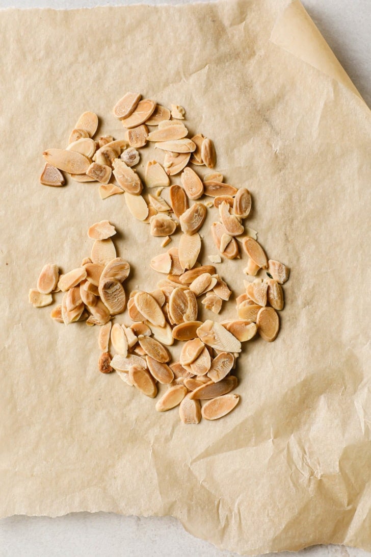 Toasted almonds on parchment paper