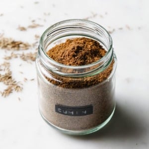 Cumin Powder in a spice jar with coriander seeds scattered around.