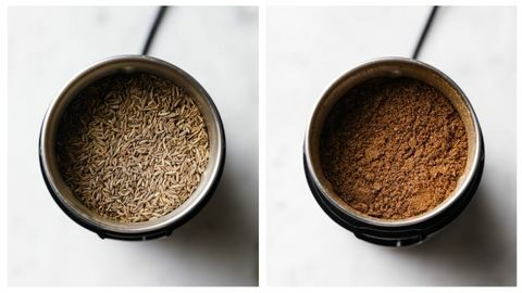 Raw cumin seeds in a spice grinder and ground up cumin seeds in spice grinder.