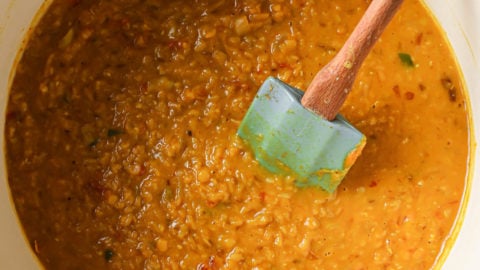 Cooked Masoor Dal in a Dutch oven.