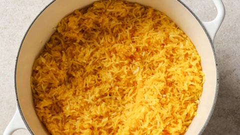 Cooked Zarda in a white Dutch Oven.