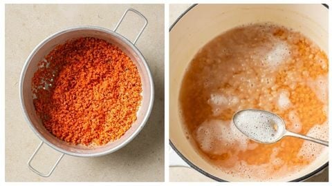 Drained raw masoor dal and removing scum from cooking red lentils.