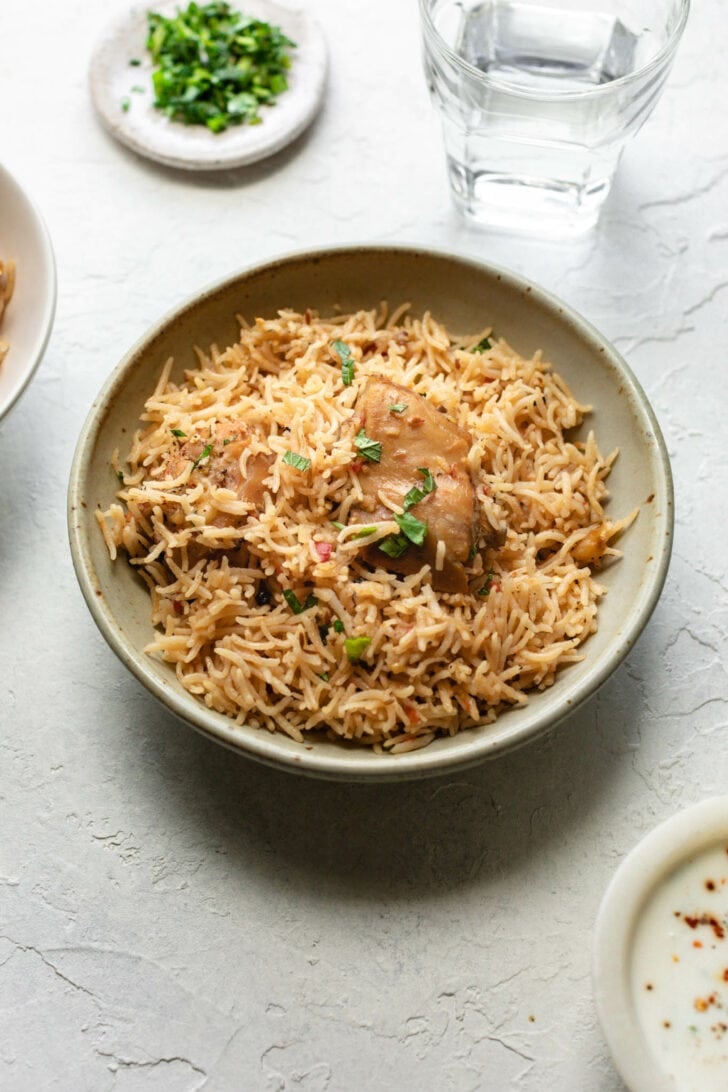 Chicken Pulao in a bowl ready to eat.