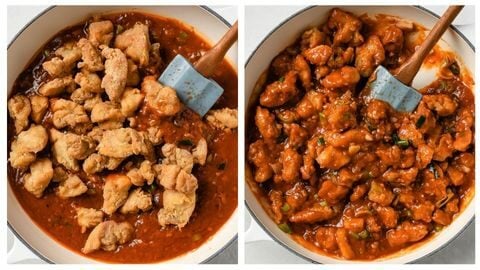 Adding fried chicken to sauce to make Chicken Manchurian.