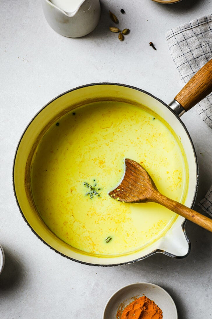Turmeric Milk in a pot with a wooden spoon and some whole spices and turmeric on the side.