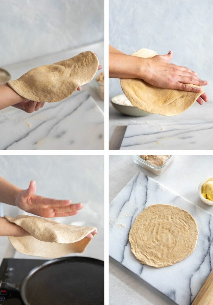 Passing rolled out paratha dough between hands mimicking clapping.