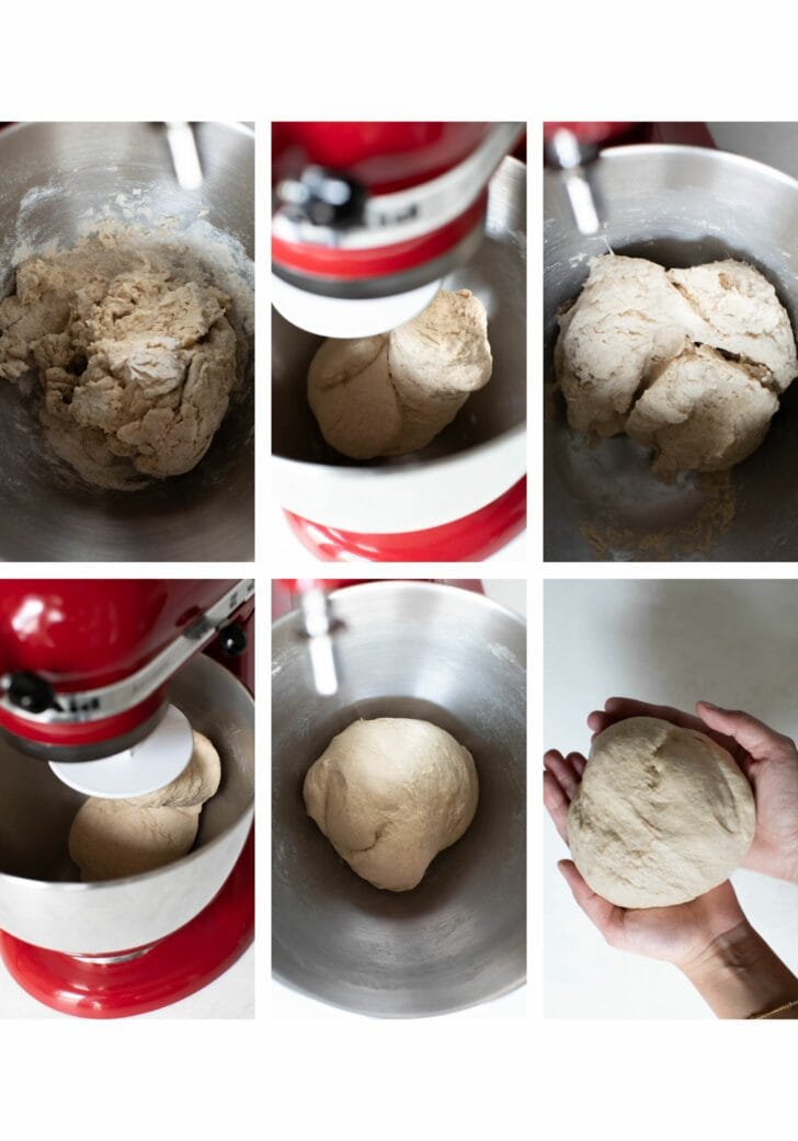 Kneading dough in stand mixer once all water has been added.