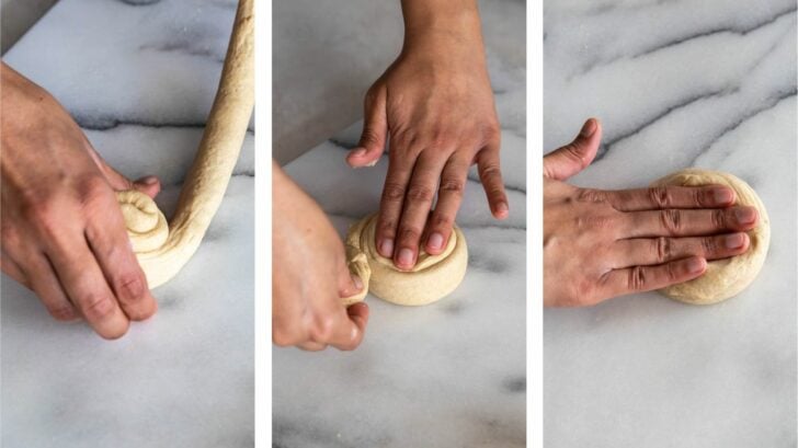Forming a coil with rolled up dough.